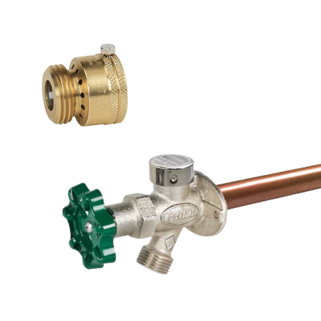 Vacuum breaker preventing backflow on an outdoor faucet during testing.